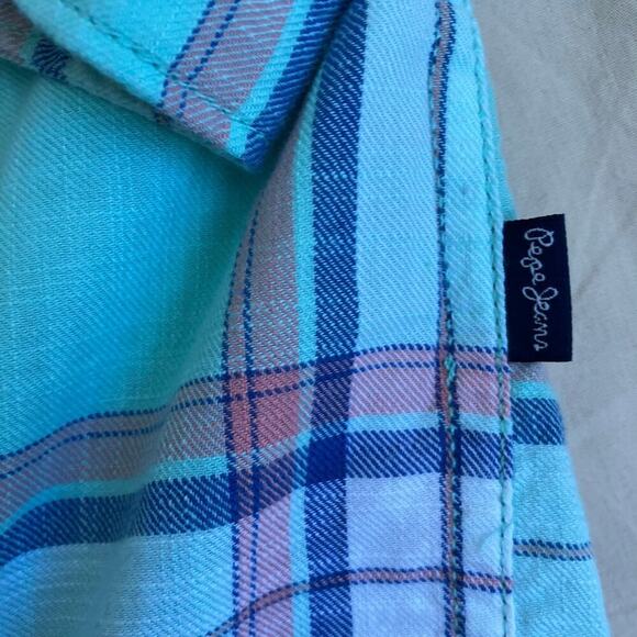 Pepe Jeans Mens Ruskin Twill Plaid Casual Button Down Shirt Slim Fit Mint Green - Picture 16 of 16